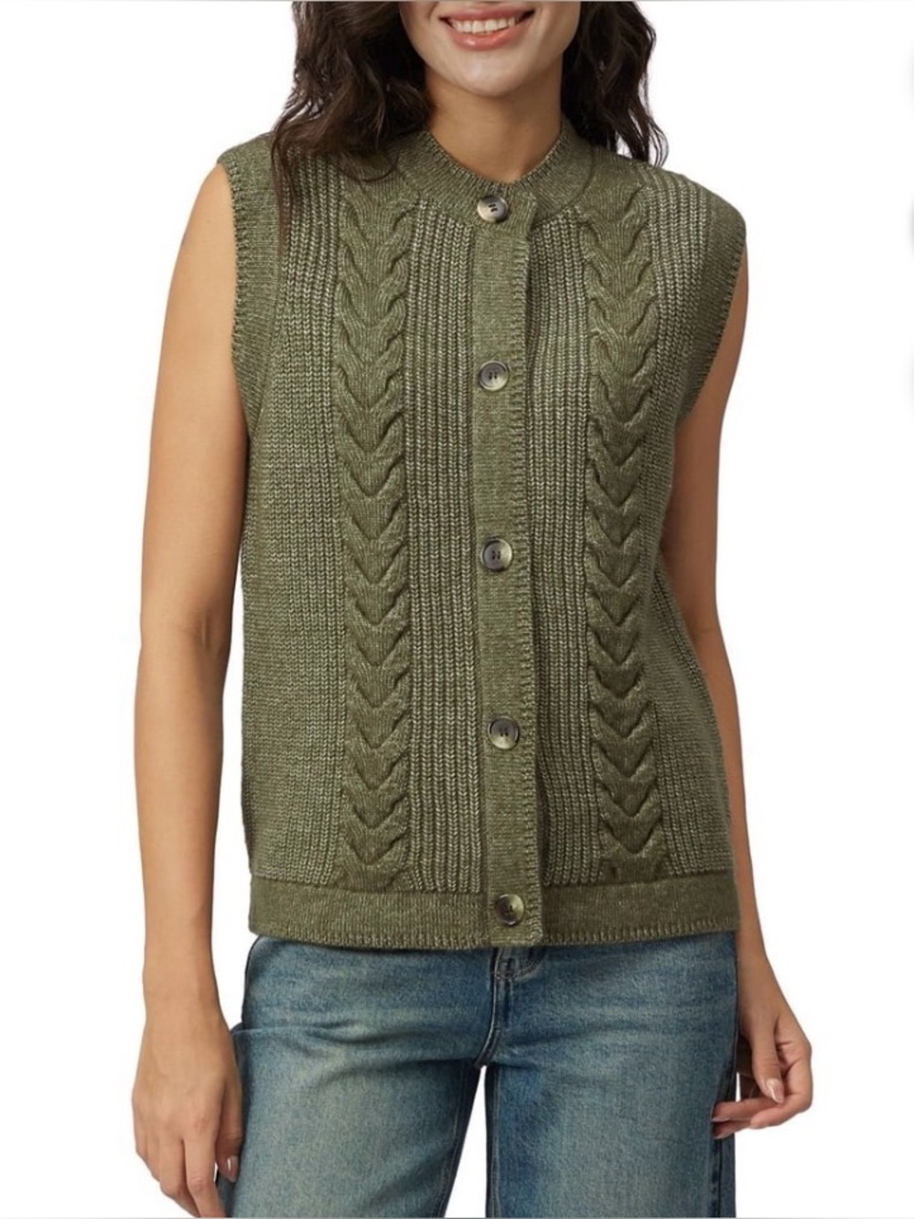 Frye Women's Green Olive Cable-Knit Button Front Sleeveless Sweater Vest XL